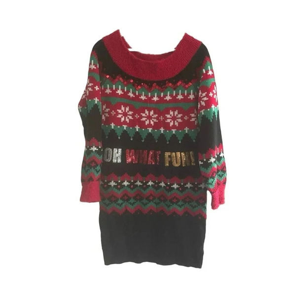 It's Our Time Dress Size Medium Oh What Fun Sequin Christmas Holiday Sweater - Picture 1 of 11